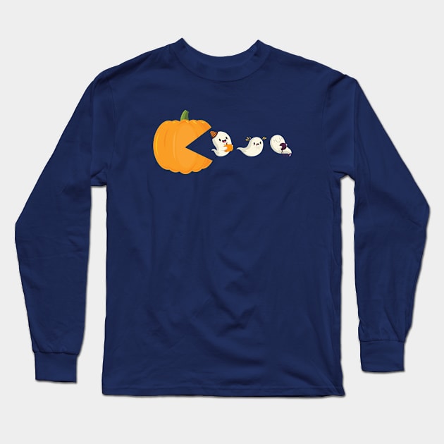 Pumpkin Eating Running Ghosts Long Sleeve T-Shirt by kevenwal